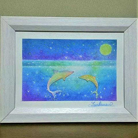 海とイルカのパステルアート　白いイルカと月明かり　パステル原画