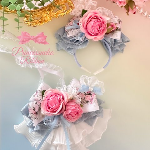 ペット　チョーカー&カチューシャセット🌹 Rose of Versailles🌹くすみ系水色②🩵🎀robe🎀