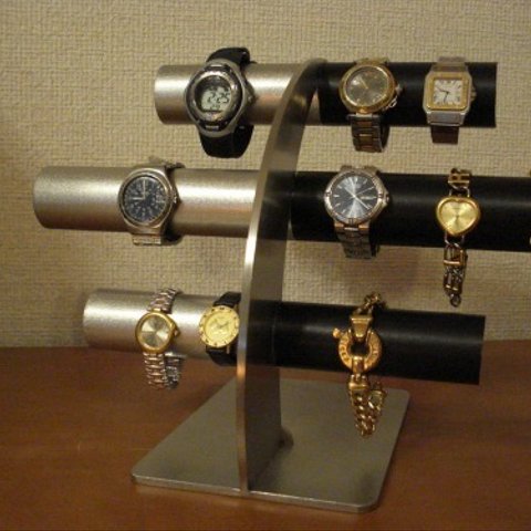 腕時計スタンド　上段、中段は男性用、最下段は女性用14本掛け反り返るデザイン左ステンレス＆ブラック腕時計スタンド　