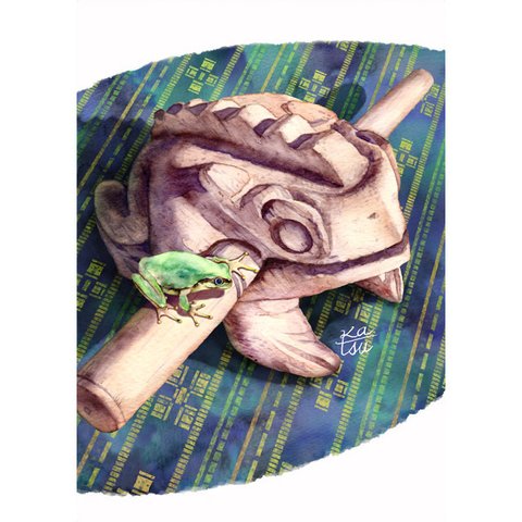 「鳴くカエル、鳴らすカエル」　石垣島　木彫り　ミンサー織　水彩画