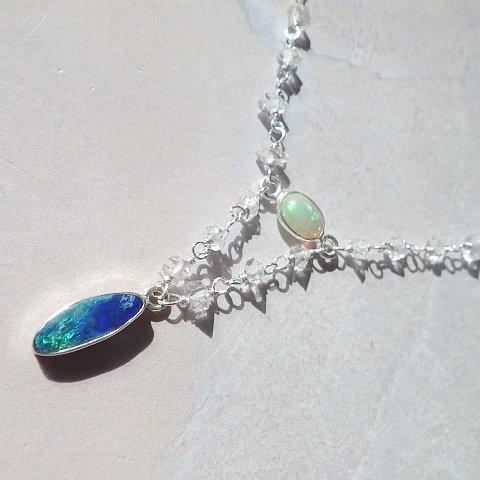 オパール*sv925* Grand Blue Opal with Herkimer Quartz Necklace