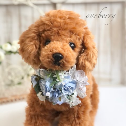 犬お花チョーカー≪薔薇ブルー≫　写真撮影　犬猫アクセサリー　トリミング　首飾り　ヘッドアクセ　うちの子　結婚式