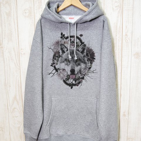 ronronWOLF BIG HOODIE　Flower Frame（ヘザーグレー） / R023-PB-GR