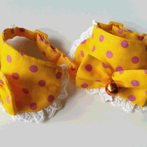 水玉模様のリボン付きの猫ちゃん首輪（黄色）※送料無料