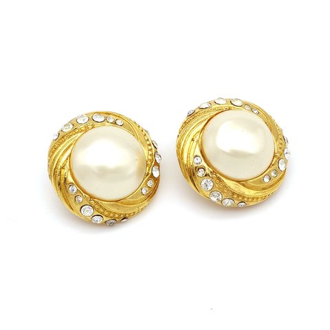 「CHANEL」 Vintage Fake Pearl × Rhinestone Earrings