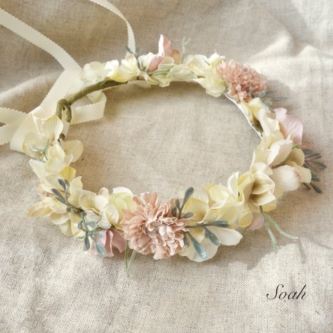 antique white &  pink 花かんむり（wide）キッズ・ベビー ラッピング無料