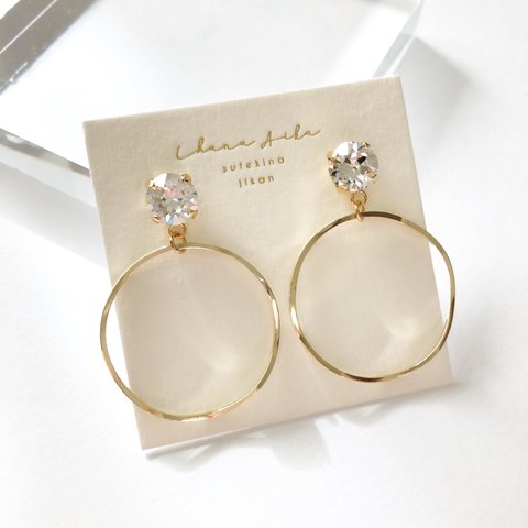 《チタンピアス》【gold】swarovski ×  wave ring pierce | 結婚式 ウェディング ブライダル スワロフスキー 前撮り