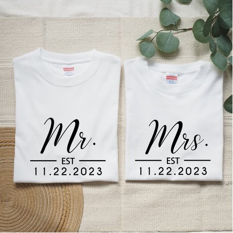 Wedding用カップルTシャツセット【Mr. & Mrs. +式の日程】