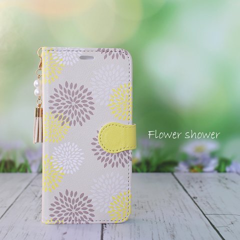 【iPhoneケース】北欧風 Flower Shower（ベージュ＆イエロー） ★ ほぼ全機種対応 手帳型スマホケース 