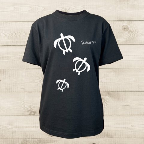 ハワイアンデザインTシャツ 海亀の親子イラスト ホヌ 海の守り神 カメの絵 ノースショア ハワイ 半袖カットソー