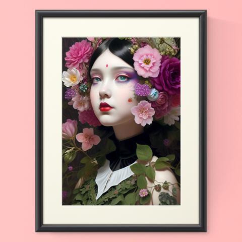 『原画』花と植物のきらびやかな洋服と髪飾りがお洒落なゆめかわいい女の子 グラフィック絵画