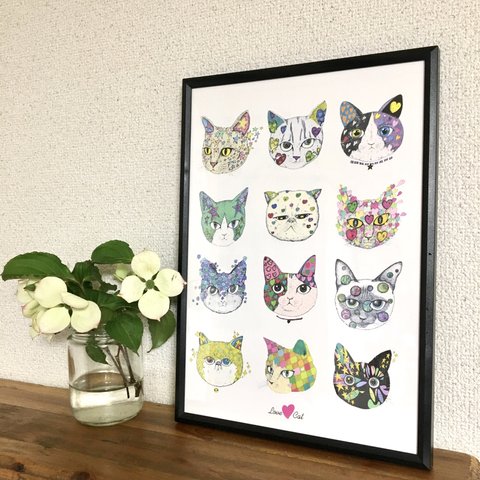 Love♡cat 12匹の猫さん　アートポスター　イラスト　Ａ4/B4/Ａ3サイズ