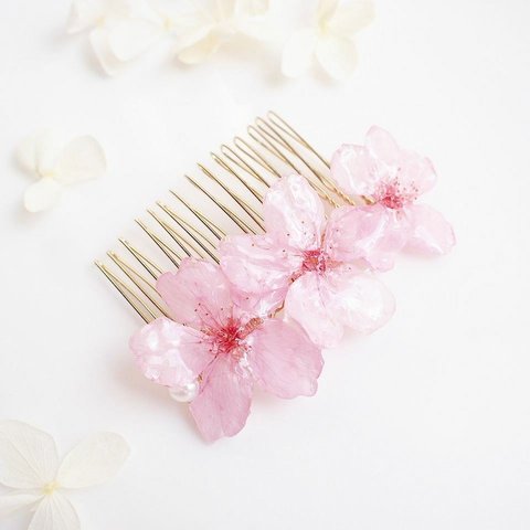 【受注制作】Early Bloom for hair. 本物のお花　早咲き桜とパールの髪飾り　かんざし/ヘアコーム 　着物・成人式の晴れ着・振袖・前撮りにも.*+　プリザーブドフラワー　ピンク