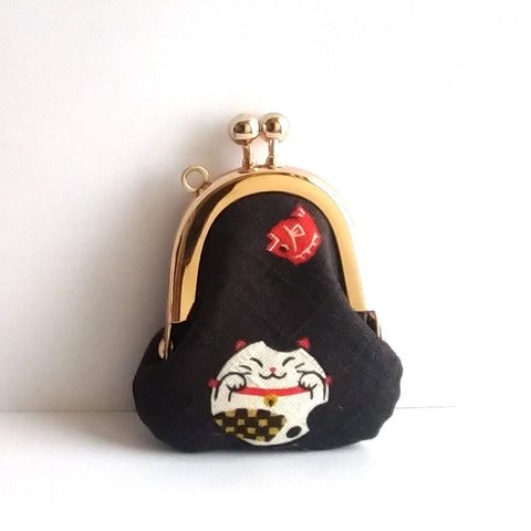 小さいがま口：豆姫：ちっちゃいがま口：littlie purse 384：かわいいがまぐち：小さな財布：猫,cat,真ん丸ネコ,黒