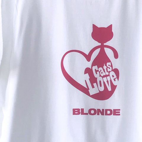 「Cats Love」 Tshirt （L） ホワイト　チェリーピンク