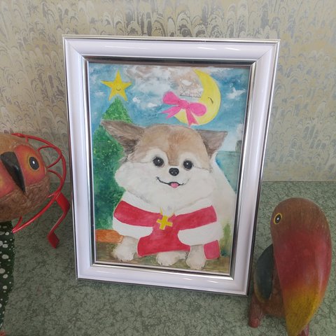 水彩画 クリスマス ツリー チワワ