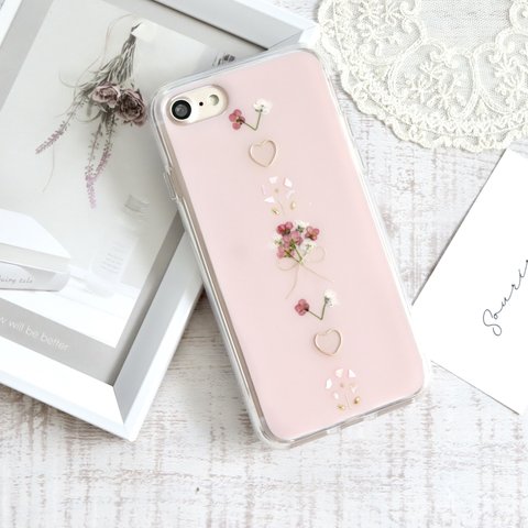 ベビーピンクと小花　 押し花スマホケース   iPhoneケース SE iPhone12 13 14スマホケース スマホカバー Android Galaxy Xperia 全機種 韓国