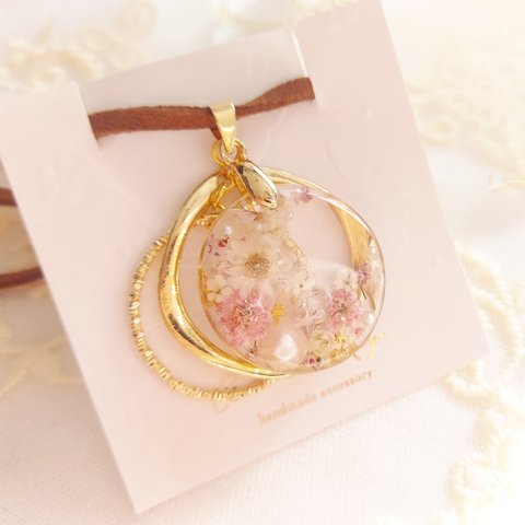 ᴺᴱᵂ♡ 三日月型ドライフラワー ネックレス 3連 sakura pink