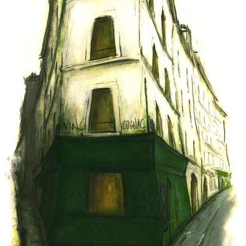 風景画 パリ 版画「街角の緑のBAR」