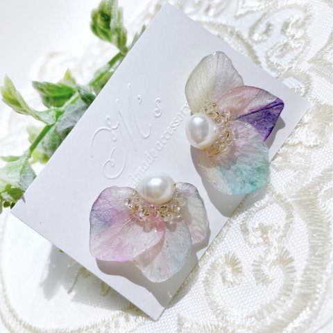 199【1点限定】紫陽花×淡水パール ピアス/イヤリング レジンアクセサリー