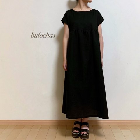 Wガーゼ 半袖胸元切り替えワンピース(black)