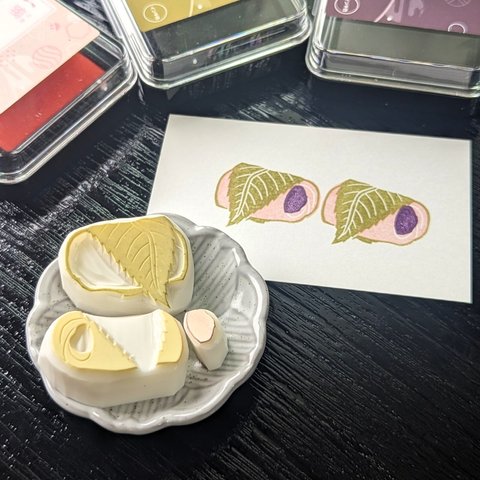 消しゴム はんこ　さくらもち 長命寺　セット　eraser stamps Sakura-mochi set