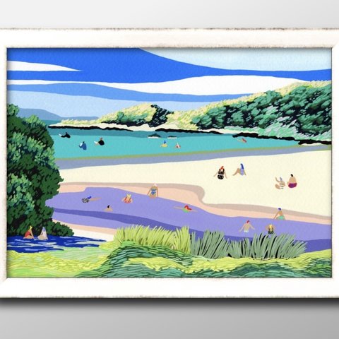 13886■A3アートポスター『夏の風景　ハワイ　ビーチ　海水浴』絵画/イラスト/デザイン/マット/北欧