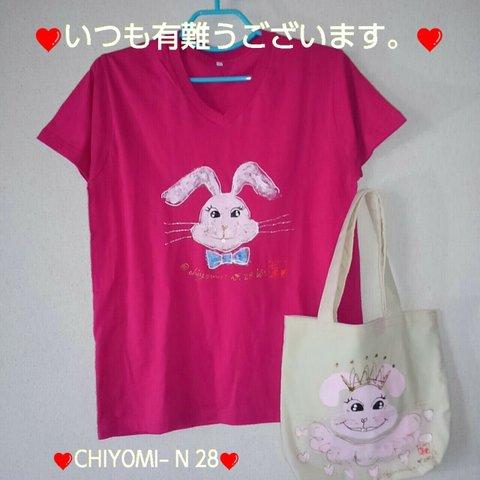 セット価格❤垂れ耳うさぎさんの手描きTシャツ&エコバック