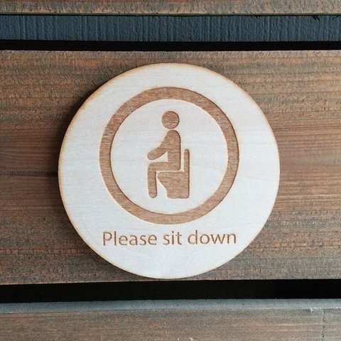 木製サインプレート 丸型 メッセージプレート ドアプレート Toilet トイレ 座って下さい ピクトサイン