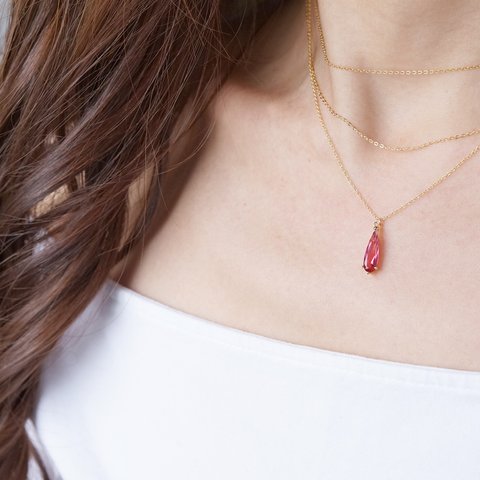 【14KGF】Necklace,Thin Teardrop -Ruby/Grey/Black/Crystal- 