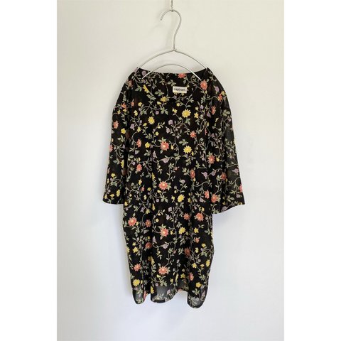 Vintage 80s retro botanical black half sleeve tops レトロ ヴィンテージ 古着 ボタニカル シアー 黒 半袖 トップス