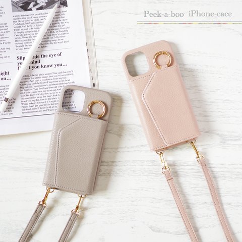 iPhone13 ショルダー＆ミラー付✳︎Mocha beige or Apricot pink♡iPhone 背面カバー くすみカラー ケース