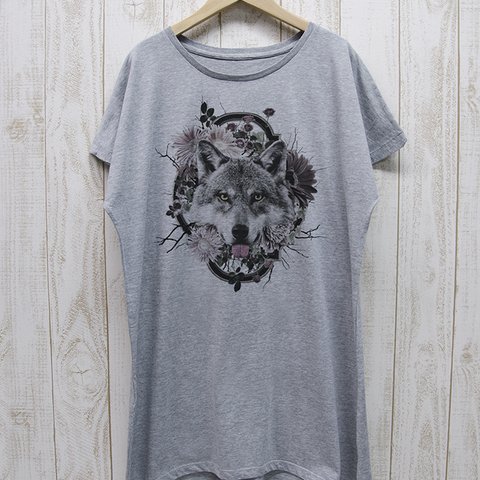 ronronWOLF ワンピースTee　Flower Frame（ヘザーグレー） / R023-O-GR