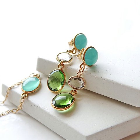 14KGF/ AQUA CHALCEDONY CRYSTAL GLASS HYDRO PERIDOT EARRINGS