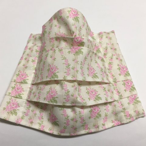 ★新品★ハンドメイド品★プリーツマスク⑦（大きめサイズ)★ノーズワイヤー有★女性用★日本製生地のみ使用★白色サラシ生地+淡黄色に淡い花柄ツイル生地★