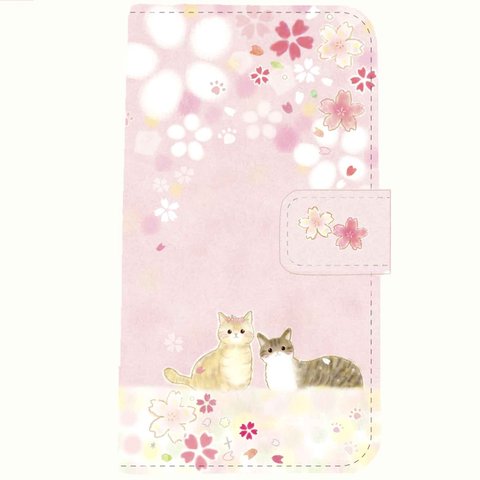 手帳型スマホケース☆ねこと桜✩送料無料