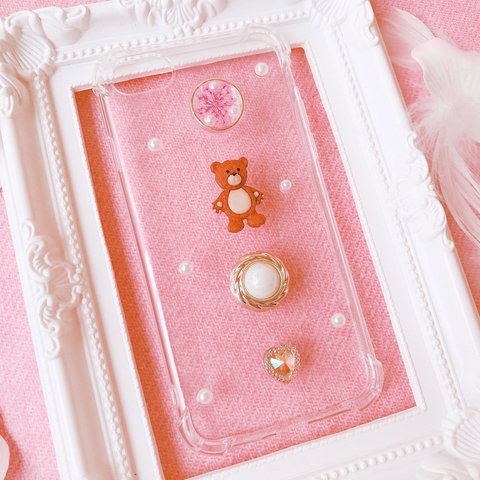 ハンドメイド くま かすみ草 iPhoneケース