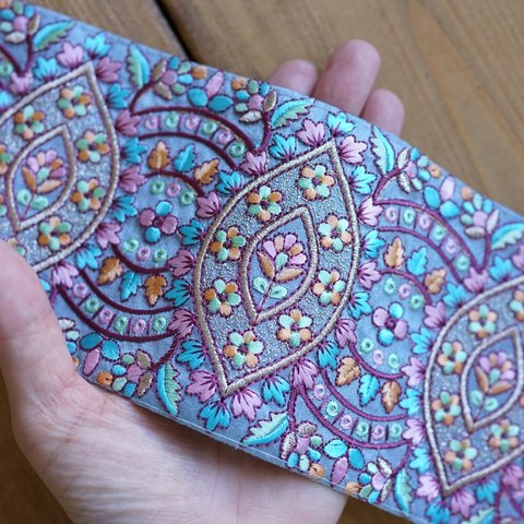 1mカット済【インド刺繍リボン】シルク　刺繍　リボン　りぼん   【ブルーグレー】