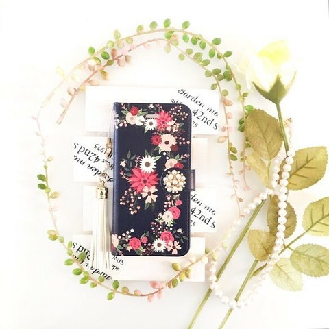 pajour) ネイビー レトロボタニカル花園柄  手帳型 ケース iphoneX/Xperia/plus/iphone8/xz/SC-04/AQUOS/Android/galaxy