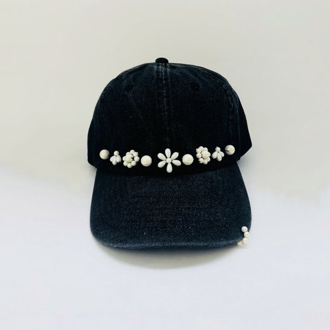 【Perl embroidery baseball cap】 パール刺繍のブラックデニムキャップ