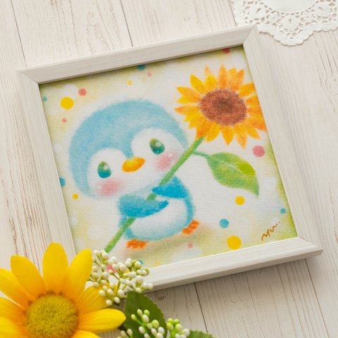 【複製画】「ペンギンさんとひまわり」　パステルアート　動物　花　向日葵　かわいい　イラスト