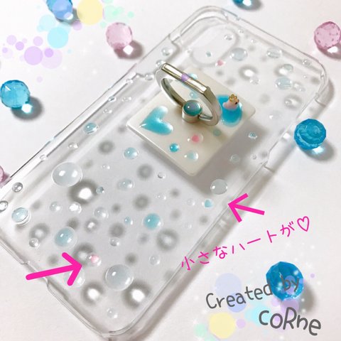 再販＊水滴に隠れたハート ぷっくり水玉 iPhoneケース/カバー＊あひるちゃんスマホリング専用ケース