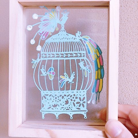 切り絵 鳥かごとカラフルな鳥たち╰(*´︶`*)╯♡