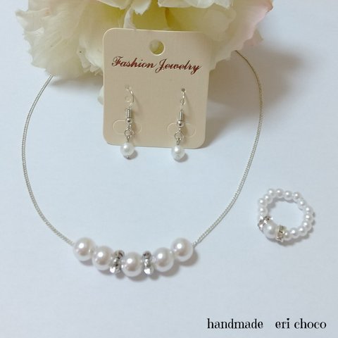 ▷フォーマルアクセサリー3点セット♡パールのネックレス&ピアス(イヤリング)&リング