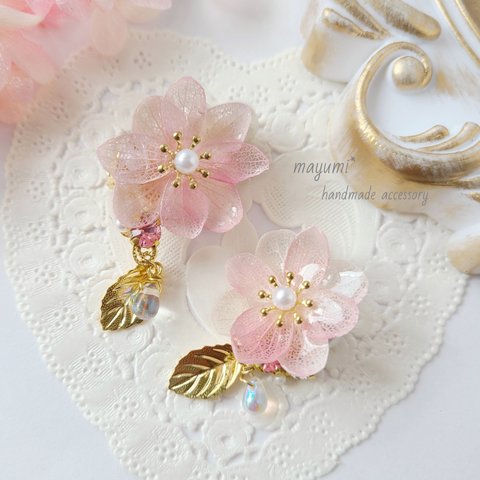 桜色 紫陽花イヤーカフ&ピアス-CherryBlossom color graduation flower-〈桜ピンクグラデーション〉