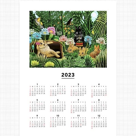 うさぎのカレンダー　うさぎのポストカード　ポスタータイプ　A4サイズ[夢の世界の動物達] アンリ.ルソー[夢]模写&アレンジ※お好きなポストカード１枚プレゼント付き