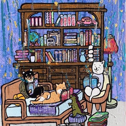 【原画1点物・6号】学ぶ柴犬（midnight blue）［Shiba Inu dogs studies］