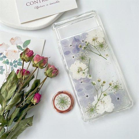 紫陽花と千鳥草、押し花スマホケース、全機種対応、スマホリング、ストラップホルダ一、手帳型、iPhone14、iPhone14plus、iPhone14Pro、iPhone13、iPhoneSE2