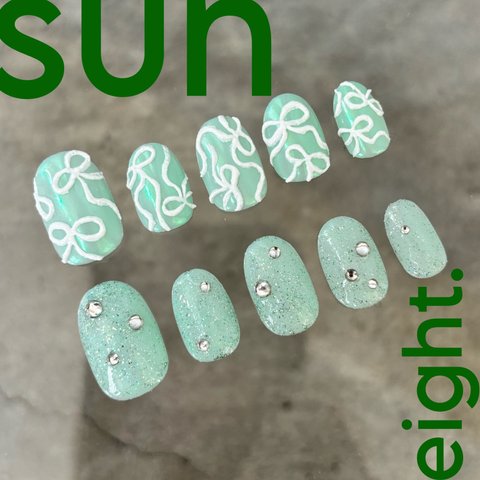 【サイズオーダー】mint ribbon nail🟢