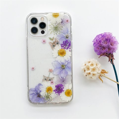 『紫陽花＆千鳥草＆猫柄』 スマホリング 押し花ケースiPhone15Pro/SE/Xperia10V/GALAXYS24 スマホケース  iPhoneケース